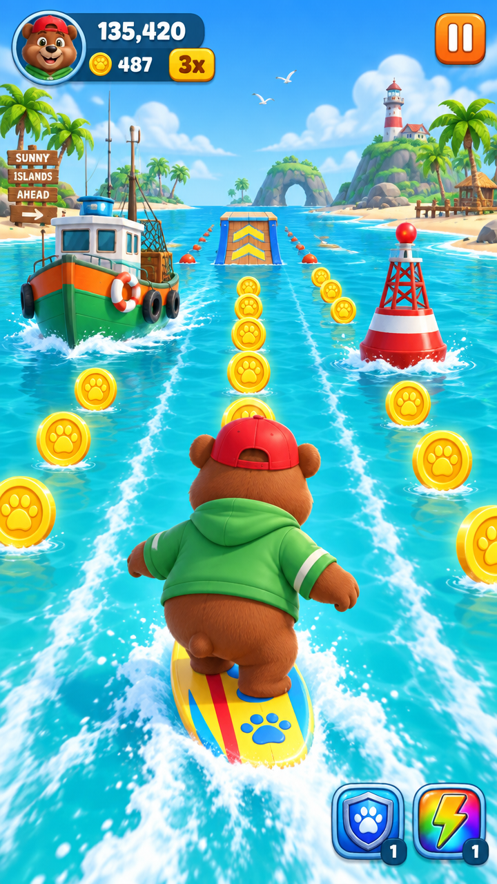 Bear surfing bright blue water past a boat and a buoy