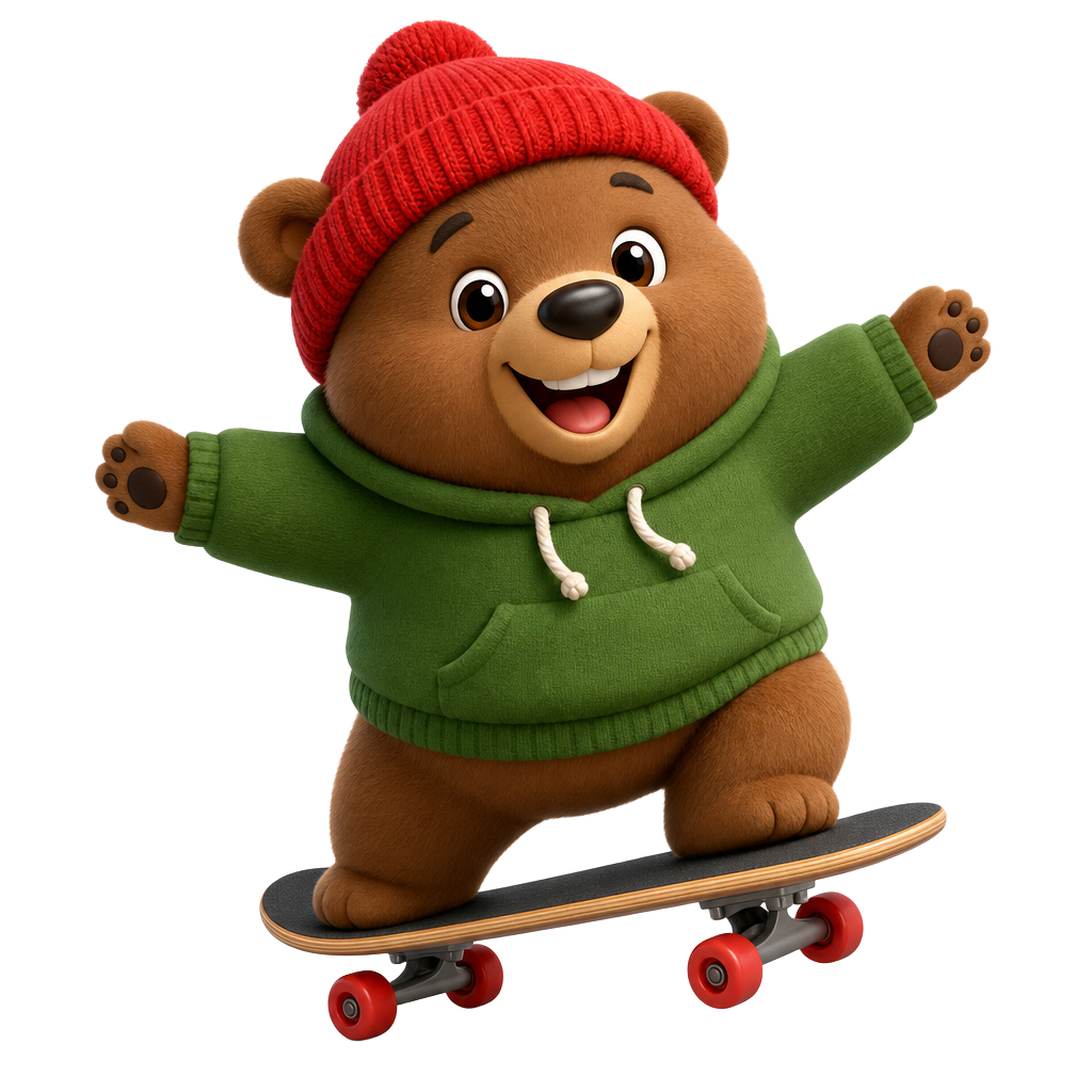 Cartoon bear in a red beanie and green hoodie riding a skateboard with arms spread wide